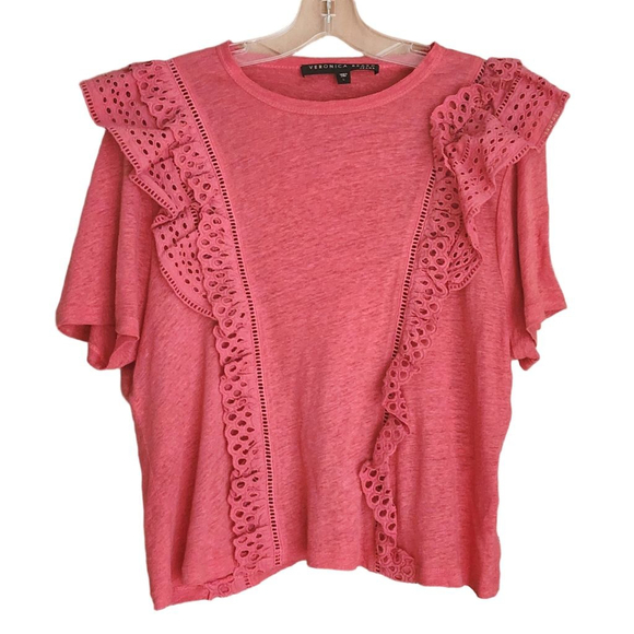 VERONICA BEARD Jeans Prema Eyelet Ruffle Coral Linen Ruffle Short Sleeve Tee L - Picture 2 of 5